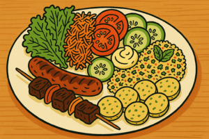 Assiette BBQ adulte (1 brochette et 1 saucisse)